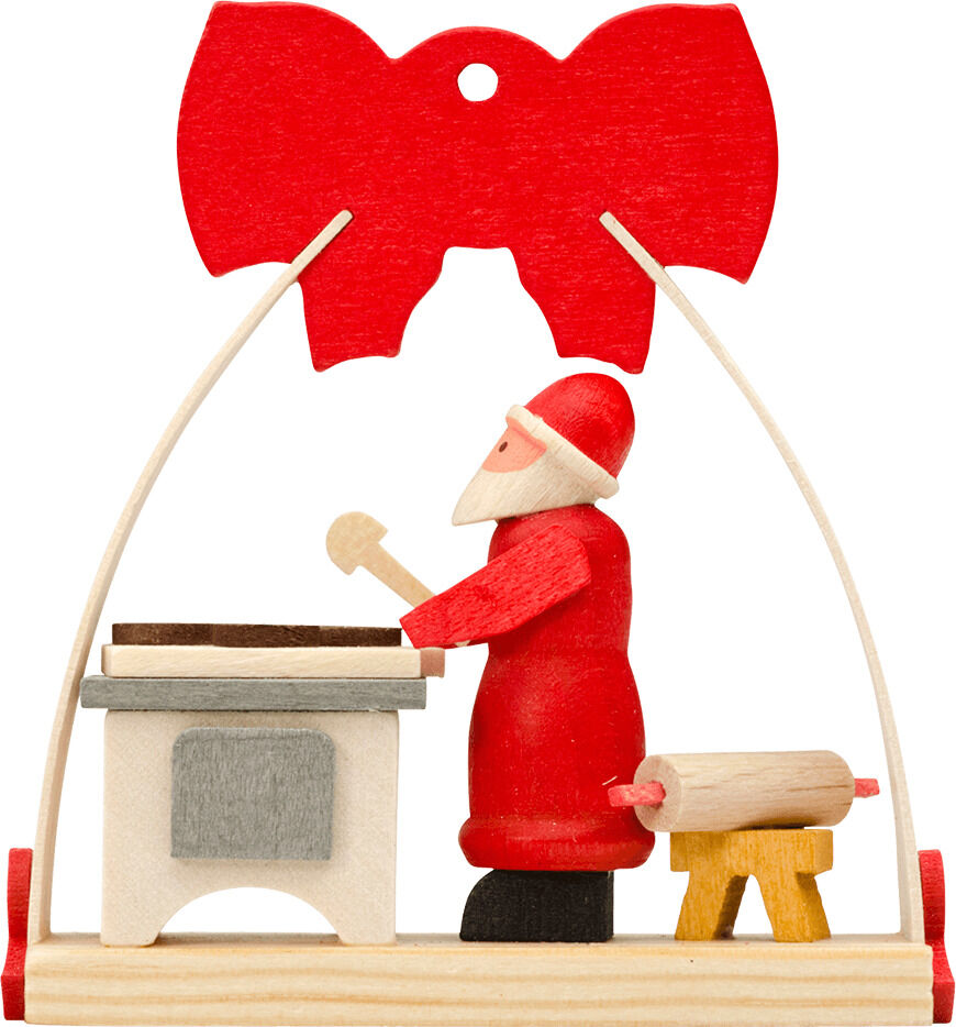 Ein 3-teiliges Geschenk-Set bestehend aus handgefertigten Weihnachtsmannfiguren aus Holz, bemalt in Rot und Weiß. Jede Figur zeigt unterschiedliche weihnachtliche Aktivitäten. Das Set ist festlich und traditionell gestaltet und eignet sich ideal als Baumschmuck.