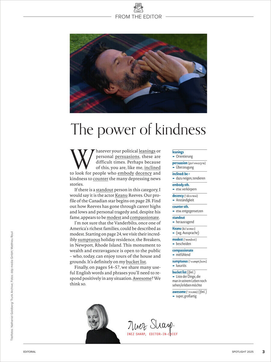 Eine Magazinseite des Spotlight Magazins 3/2025 mit einem Bild eines Mannes auf einer Wiese und dem Text 'The power of kindness'. Der Text behandelt persönliche Reflexionen und positive Einwirkungen.