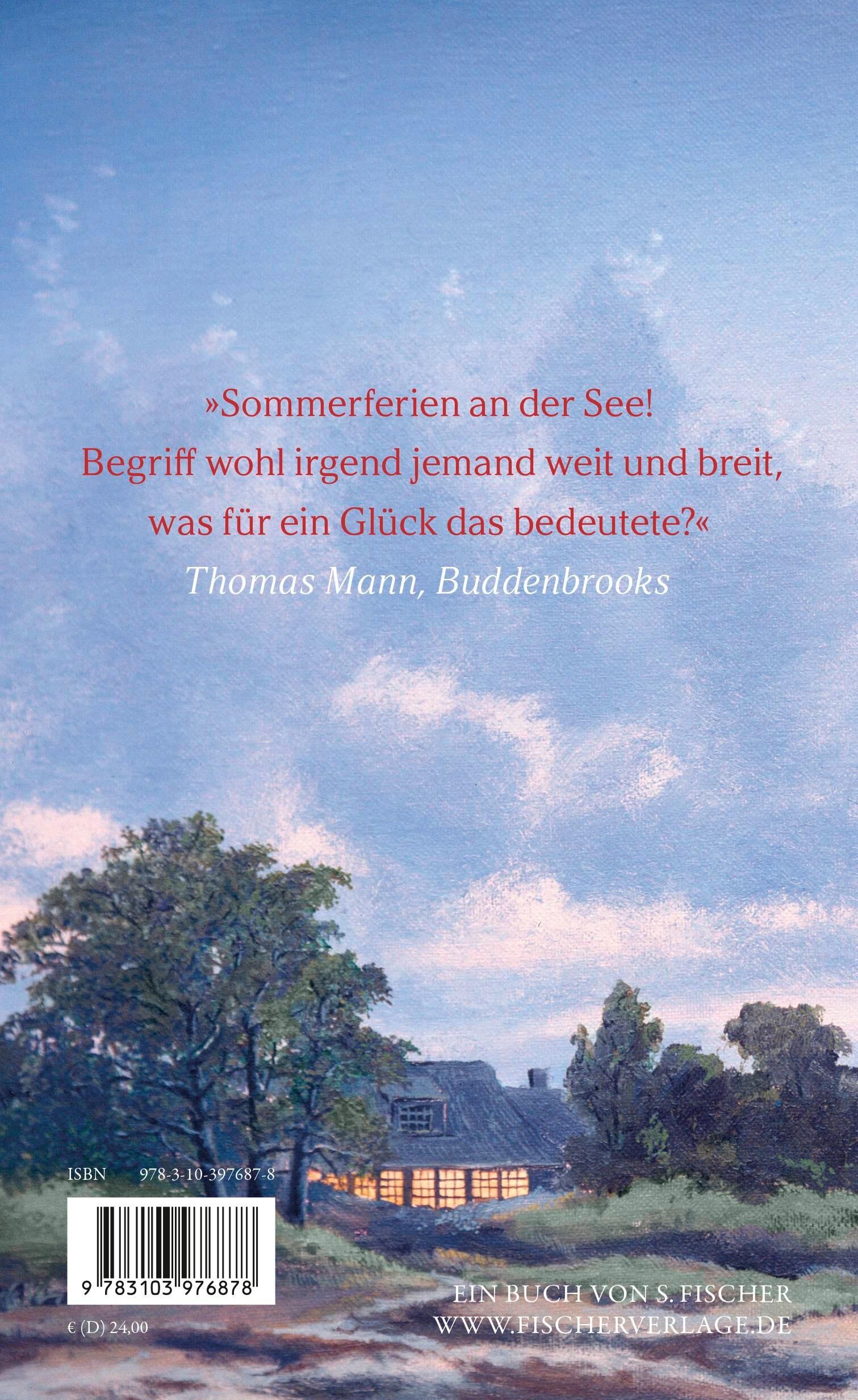 Der Buchrücken von 'Mit Thomas Mann am Meer' zeigt eine ruhige, malerische Landschaft mit einem Haus am See, umgeben von Bäumen und Wiesen bei abendlicher Stimmung. Am Himmel sind blau-rosa Wolken zu sehen, der Text zitiert Thomas Mann aus 'Buddenbrooks'.