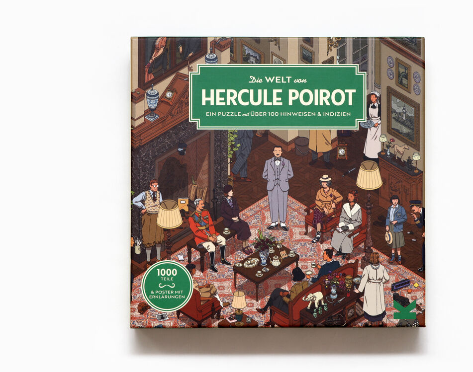 Die Schachtel des Puzzles »Die Welt von Hercule Poirot« zeigt eine Illustration eines gemütlichen Wohnzimmers, gefüllt mit Menschen in klassischen Kleidung. Im Vordergrund sind viele Details und versteckte Hinweise zu finden. Das Puzzle hat 1000 Teile.