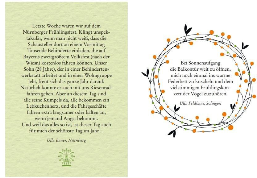 Ein Geschenkbuch mit dem Titel 'Was mein Leben reicher macht: Geschenkbuch »Glück & Lebensfreude«'. Auf der linken Seite ist ein Zitat auf einem grünen Hintergrund geschrieben, und auf der rechten Seite gibt es eine schwarz-weiße Illustration eines Kranzes mit orangen Blättern und einem Zitat im Inneren.