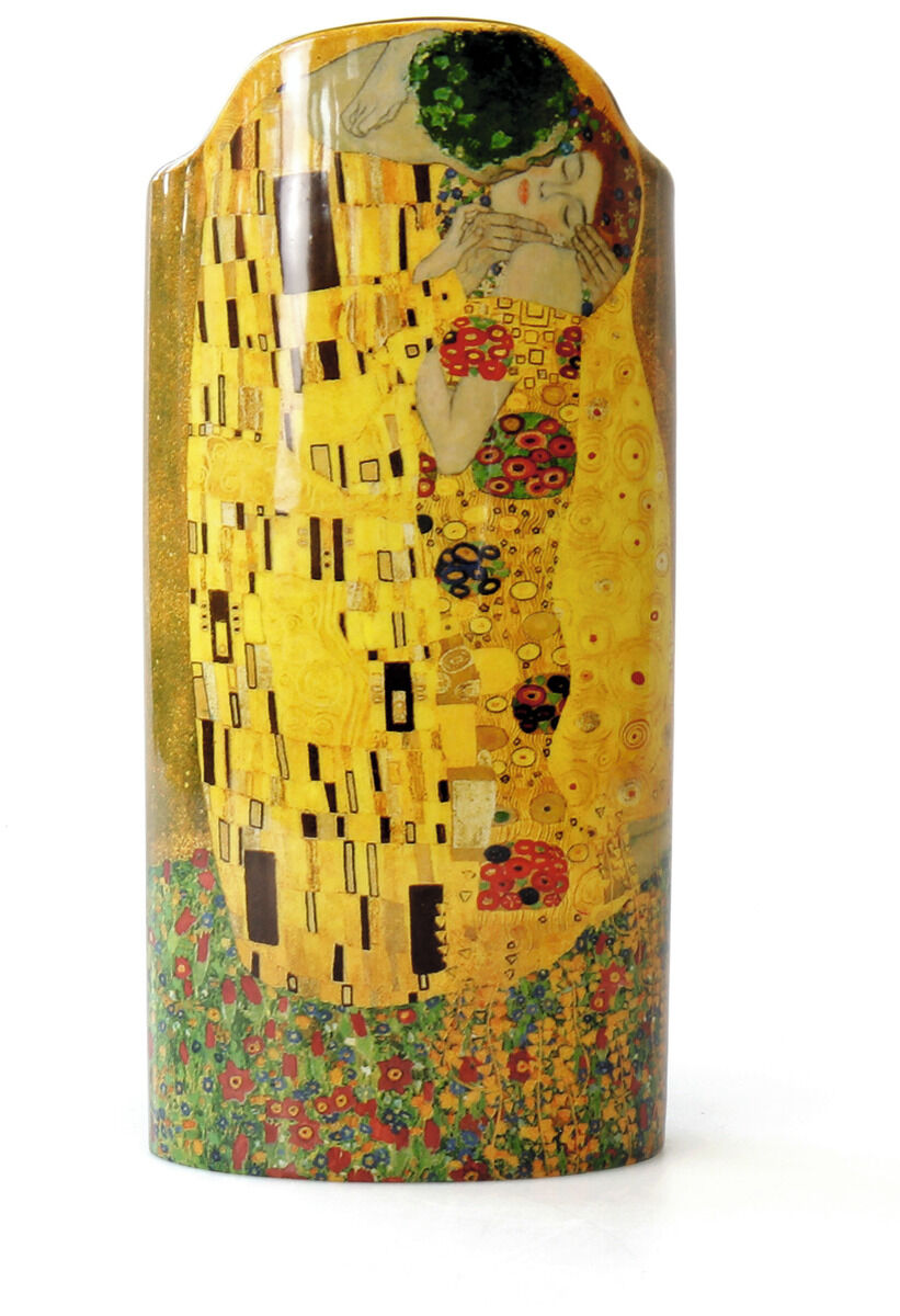 Porzellanvase mit dem Bild 'Der Kuss' von Gustav Klimt. Die Vase zeigt ein Paar in inniger Umarmung, vorwiegend in goldenen, grünen und roten Tönen gehalten.