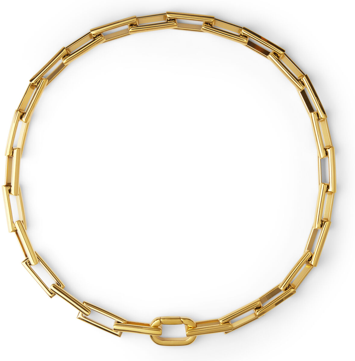 Goldenes Collier mit rechteckigen Gliedern und polierter Oberfläche, 42 cm lang, luxuriös und modern gestaltet, auf weißem Hintergrund präsentiert.