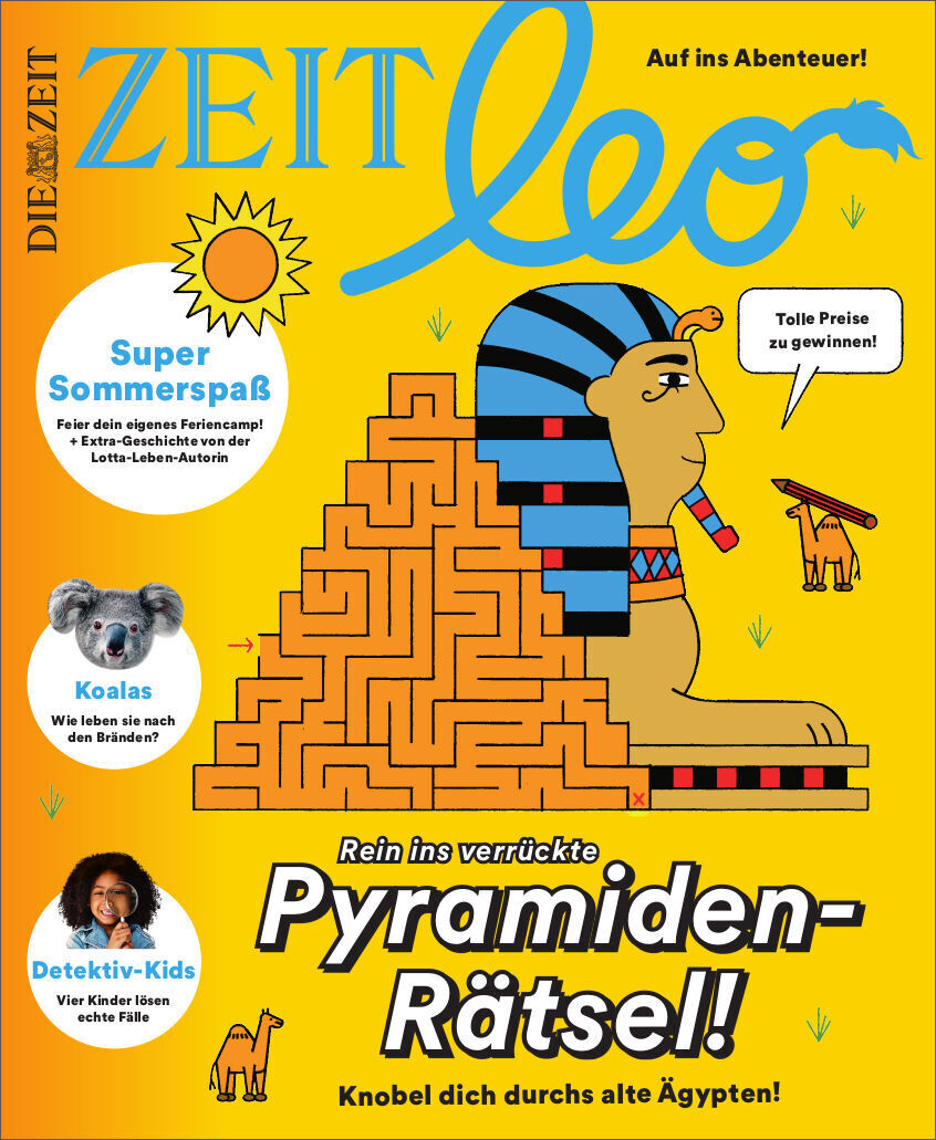 ZEIT LEO 5/21 Zeitschrift mit dem Titel 'Rein ins verrückte Pyramiden-Rätsel!'. Die Titelseite zeigt eine Illustration einer Sphinx vor einem Labyrinth mit zahlreichen orangefarbenen Wänden. Oben gibt es ein Banner mit dem Schriftzug 'Super Sommerspaß' und einem Koala-Bild. Der Hintergrund ist gelb, und verschiedene Texte und Illustrationen schmücken das Cover.