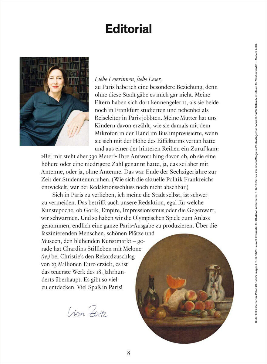 Eine Magazinseite mit dem Titel 'Editorial'. Oben links ein Foto einer lächelnden Frau. Textkörper beschreibt eine besondere Beziehung zu Paris. Unten rechts ist ein Gemälde von Viktor Orban zu sehen, das einen gedeckten Tisch mit einem Buch, Früchten und Blumen zeigt.