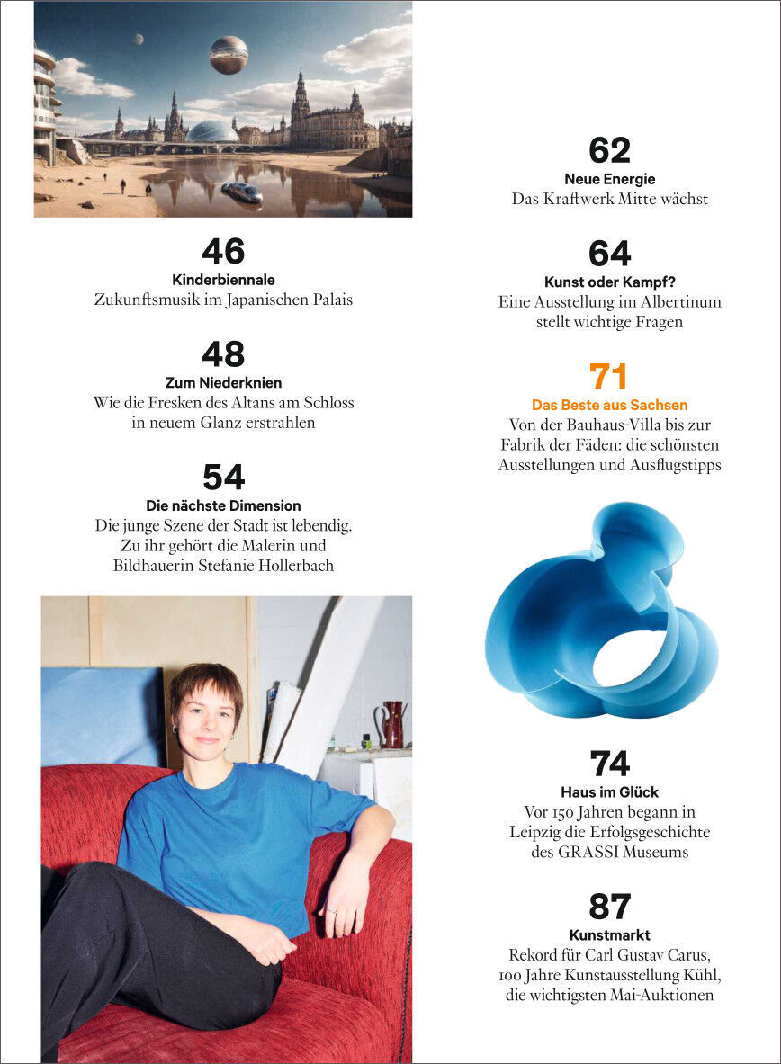 Eine Seite aus dem Sonderheft WELTKUNST 226/24 zeigt verschiedenste Artikelüberschriften und Bilder. Oben links ein futuristisches Bild von Dresden mit Nummer 46 über Zukunftsmusik im Japanischen Palais. Weiter unten ein Mädchen im roten Pullover auf einem Sofa mit Nummer 62 für Neue Energie im Kraftwerk Mitte. Nummer 71 behandelt neue Bauhaus-Villa in Sachsen, und Nummer 87 beleuchtet Kunstmärkte. Das farbliche Schema beinhaltet Blau, Weiß, Schwarz, Rot und Gelb.