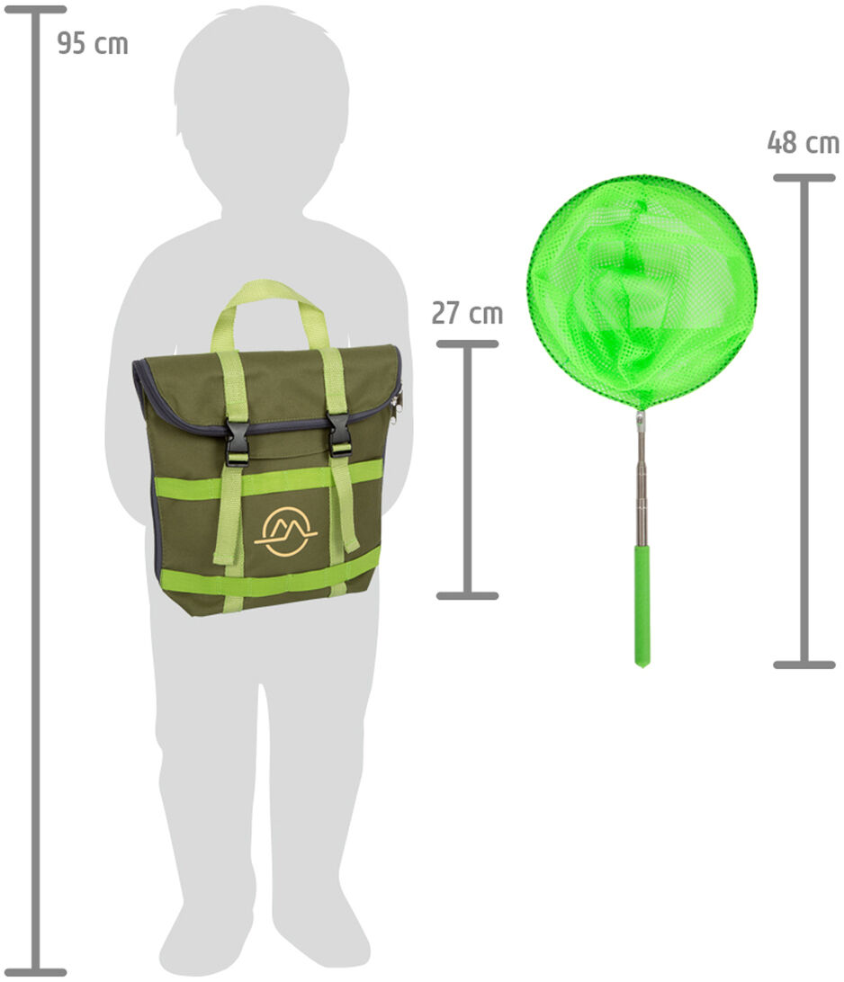 Grüner Entdeckerrucksack und passendes Insektennetz für Kinder, ideal für Abenteuer und Naturerkundungen, mit Abmessungen des Rucksacks und Netzes.