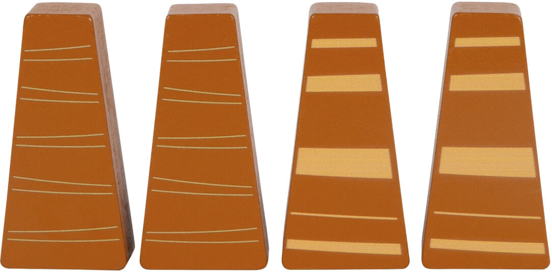 Vier einfache, braune bis orangefarbene Holzbausteine in trapezförmiger Form, die nebeneinander stehen. Sie sind Teil eines Sets namens 'Holzbausteine »Dino«'.