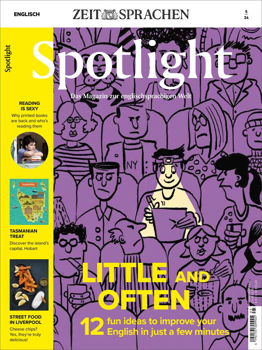 Titelbild des Spotlight Magazins 05/2024. Das Magazin zur englischsprachigen Welt enthält Artikel zum Englischlernen. Die Illustrationen sind in Lila, Weiß, Schwarz und Gelb gehalten. Es gibt einen humorvollen Cartoon auf dem Cover.