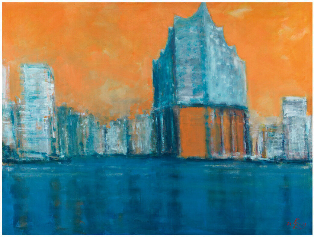 Acrylgemälde von Wolf Bertram Becker mit dem Titel »Elbphilharmonie«, 2019. Es zeigt die Elbphilharmonie in Hamburg bei Abenddämmerung mit einem orangefarbenen Himmel und blauen Wasserspiegelungen im Vordergrund.