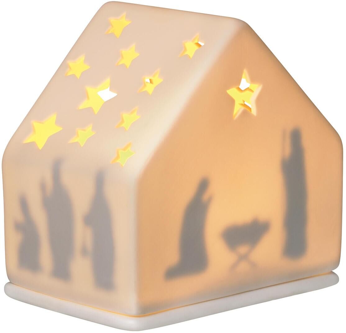 Keramisches Lichterhaus in Form eines Hauses mit leuchtenden Sternen und Krippenfiguren. Die Beleuchtung innerhalb des Hauses hebt die Figuren von Maria, Josef, und Jesus hervor. Ideal als Weihnachtsdekoration.