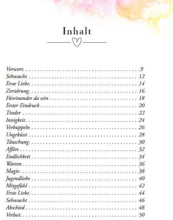 Inhaltsverzeichnis des Buches 'Lexikon der Liebe' mit verschiedenen Kapitelüberschriften, darunter 'Sehnsucht', 'Erste Liebe', 'Verlust' und andere. Die Seite ist mit einem Herzsymbol verziert.