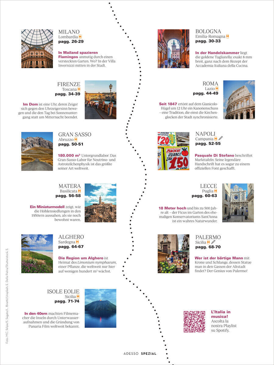 Seite aus der Adesso Magazin 4/2025 Sonderausgabe mit Fotos und Beschreibungen verschiedener italienischer Städte wie Mailand, Bologna, und Rom. Präsente Inhalte über Architektur und Kultur mit hervorgehobenen Orten für Touristen und Reisende.