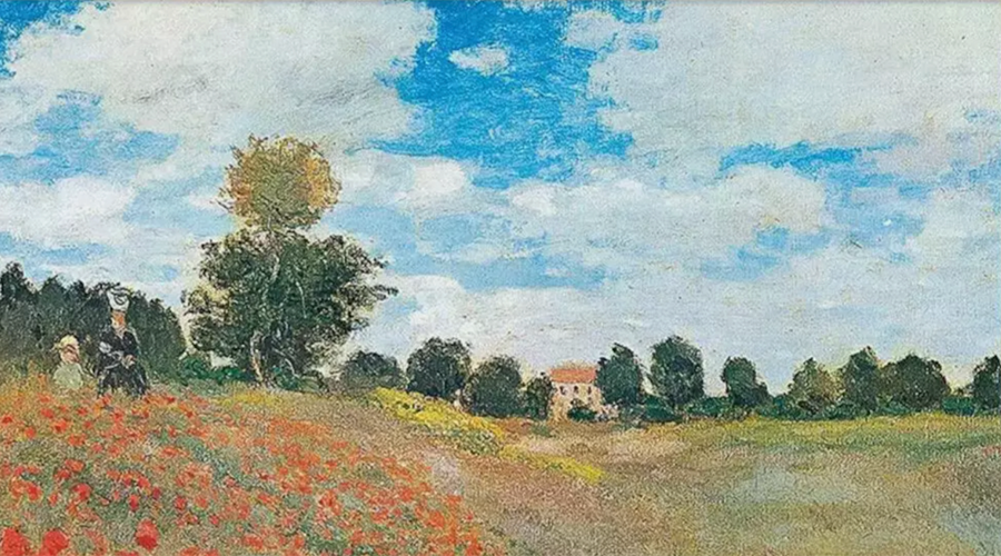 Landschaft mit Mohnblumenfeld, Baum, zwei Personen im Gespräch und Haus im Hintergrund unter bewölktem Himmel
