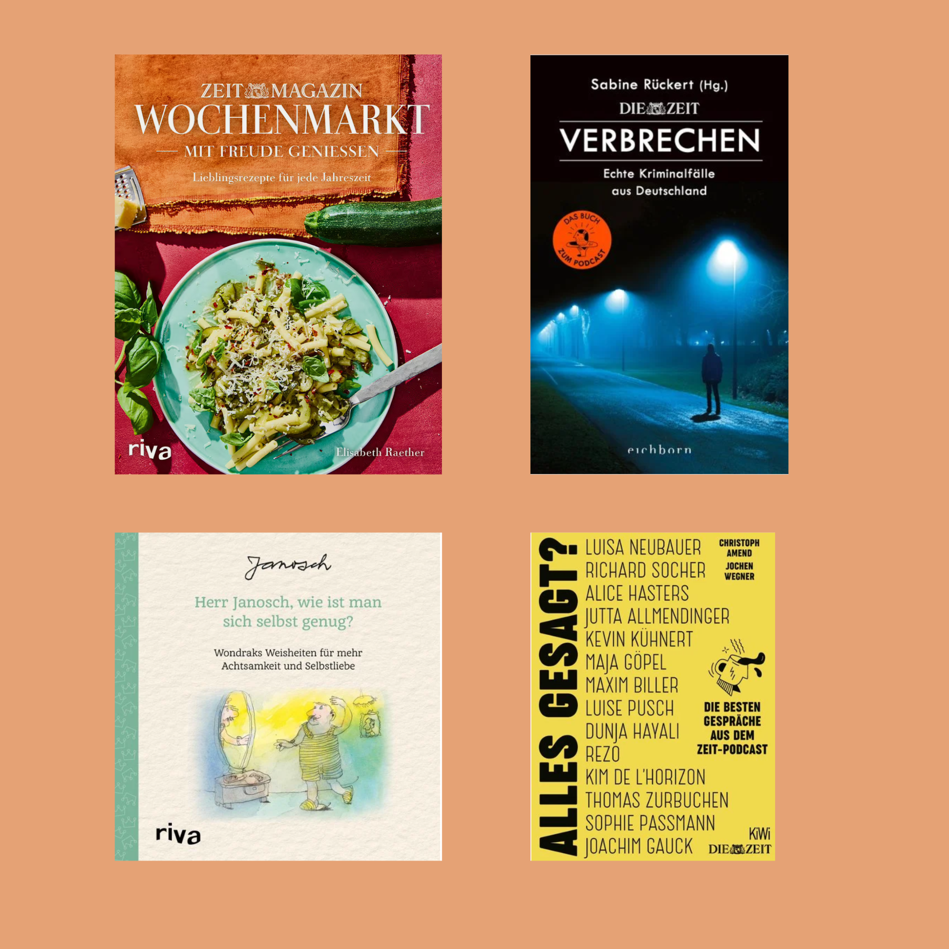 Link zur Kategorie ZEIT Markenwelten. Vier Buchcover der Marke DIE ZEIT sind auf einem braunen Hintergrund abgebildet. Oben links ist ein Kochbuch der Marke WOCHENMARKT mit einem Salatgericht und rotem Hintergrund, oben rechts ein Krimi-Buch der Marke VERBRECHEN mit dunkler, nächtlicher Szene, unten links ein Buch des  Zeichners und Schriftstellers Janosch mit hellem, grünlichem Titelblatt und unten rechts ein Buch zum Podcast Alles gesagt mit gelbem Cover.
