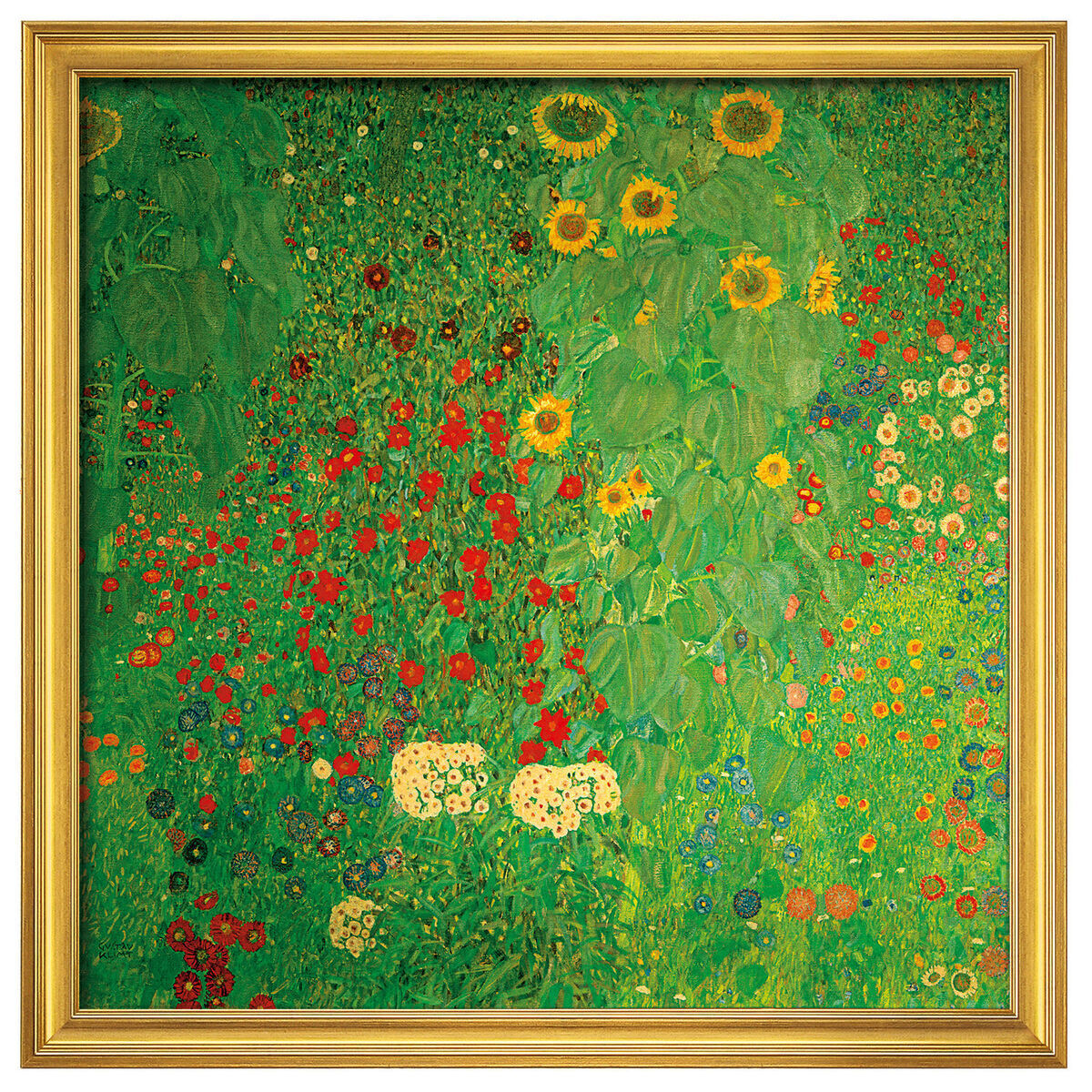 Das Bild zeigt ein farbenfrohes Gemälde von Gustav Klimt mit dem Titel „Bauerngarten mit Sonnenblumen“. Es zeigt eine üppige Blumenwiese mit verschiedenen bunten Blumen, dominiert von großen Sonnenblumen.