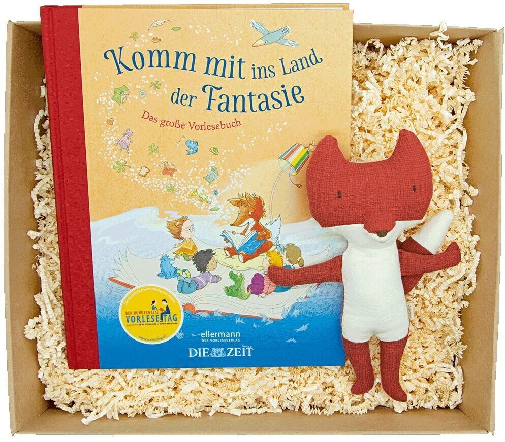 Geschenkset »Kleiner Fuchs erzählt Geschichten«, bestehend aus einem Kinderbuch mit rotem Rücken und illustriertem Cover sowie einem Plüschfuchs, verpackt in einer Box mit Holzwolle.