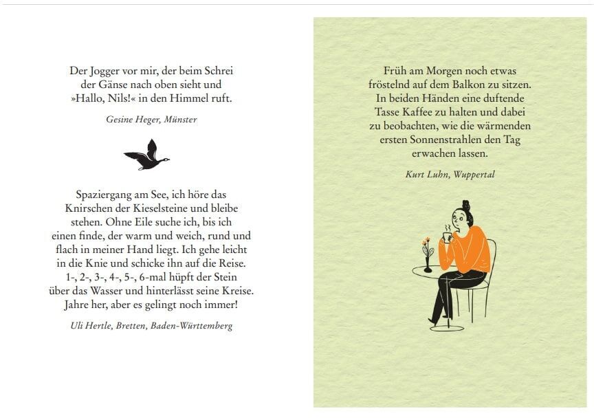 Das Bild zeigt auf der linken Seite Textpassagen und auf der rechten Seite die Illustration einer Person, die an einem Tisch sitzt, Kaffee trinkt und ein Buch liest. Das Buch heißt »Was mein Leben reicher macht: Geschenkbuch »Glück & Lebensfreude«.