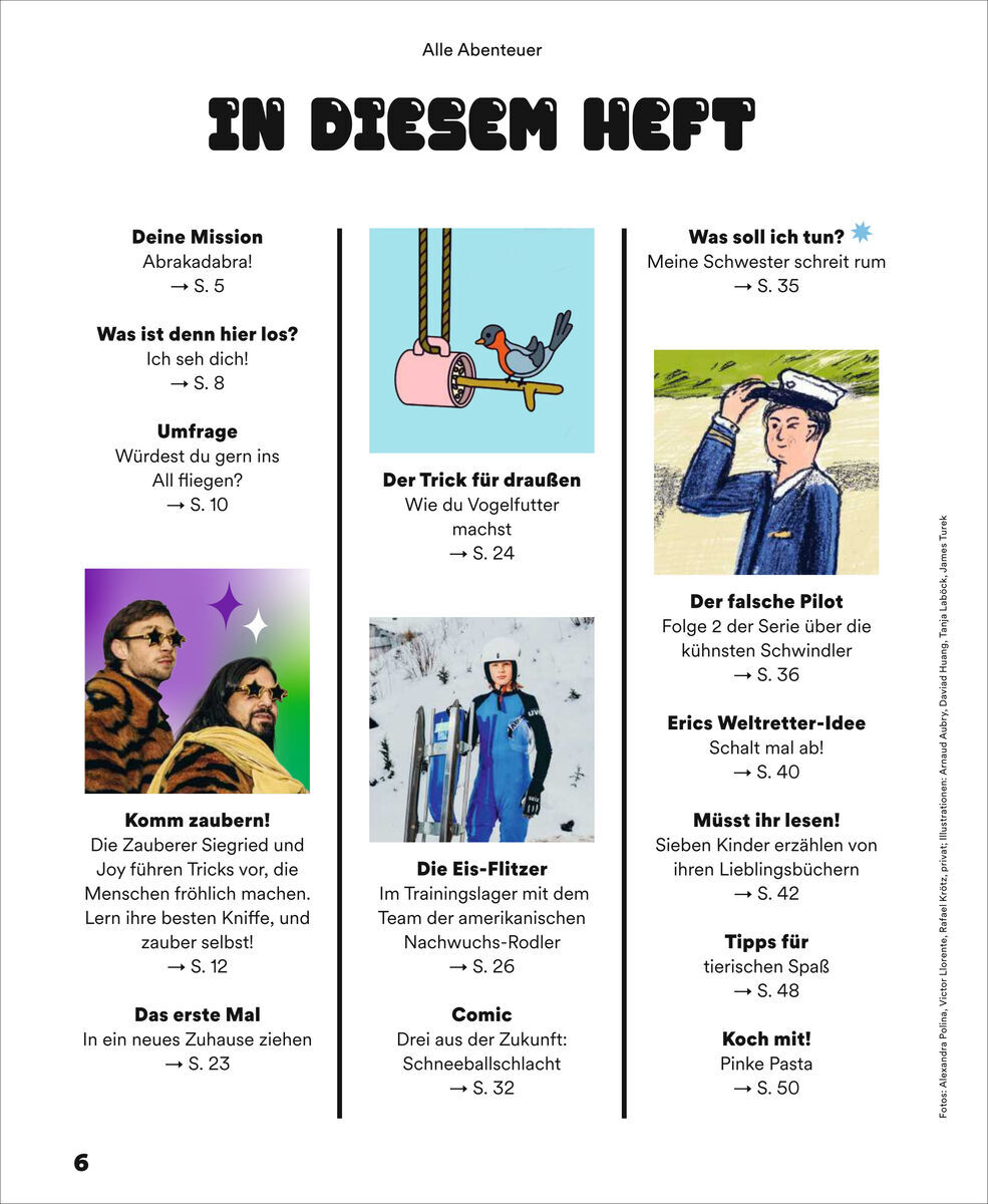 Die Abbildung zeigt eine innere Seite des ZEIT LEO Hefts mit dem Titel 'In diesem Heft - Alle Abenteuer'. Die Seite enthält eine Liste von Artikeln, darunter Zaubertricks, Comics, und Tipps für Leser. Jede Artikelbeschreibung ist mit einer Zeichnung und Seitennummer versehen. Die Hauptelemente sind bunt und illustriert in Themen wie Magie, Abenteuer und Lernen für Kinder und Jugendliche.