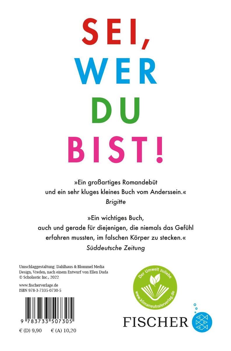 Rückseite des Buches «Sei, wer du bist!» vom Fischer Verlag in deutscher Sprache. Der Hintergrund ist weiß mit bunten Buchstaben in Rot, Blau und Grün. Zitate und ISBN-Nummer sind ebenfalls aufgedruckt.