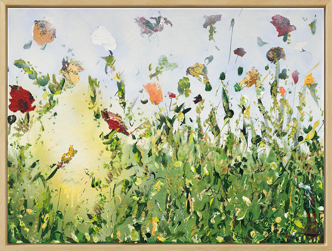 Ein Kunstdruck von Christine Müller mit dem Titel »Maurice' Zaubergarten, nach Le Tombeau de Couperin«, 2022. Das Bild zeigt eine bunte Blumenwiese mit verschiedenen Blumen in Grün-, Gelb-, Rot-, Rosa-, Blau- und Weißtönen vor einem hellen Himmel.