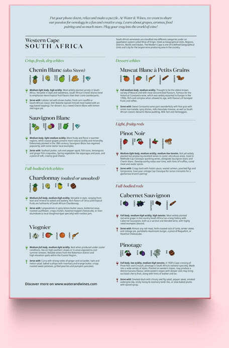 Ein Puzzle mit einer Übersicht über die verschiedenen Weine und Weinanbaugebiete des Western Cape in Südafrika. Der Hintergrund ist hellblau mit rosa Akzenten. Ideal für Weinliebhaber und als Geschenkidee.