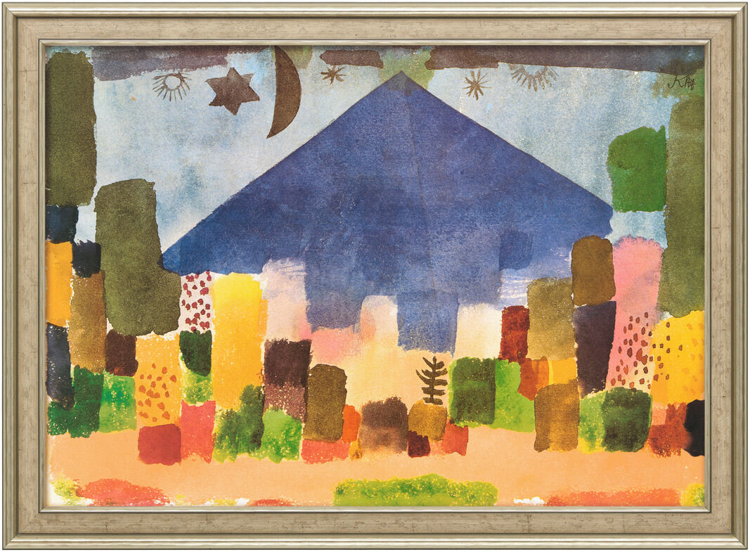 Ein Gemälde von Paul Klee mit dem Titel »Der Niesen – Ägyptische Nacht« aus dem Jahr 1915. Es zeigt eine abstrakte Landschaft mit geometrischen Formen in leuchtenden Farben. Im Zentrum befindet sich ein blauer Berg, umgeben von verschiedenen rechteckigen Formen in grün, gelb, orange und rot. Der Himmel ist blau mit Sternen und einem Halbmond.