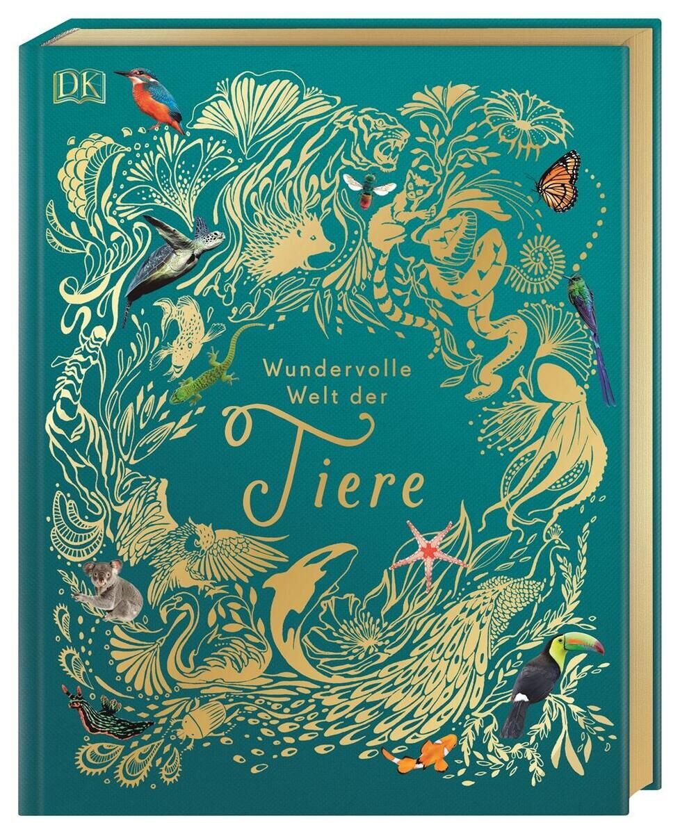 Das Buch 'Wundervolle Welt der Tiere' zeigt eine reich verzierte, grün-goldene Hardcover-Verpackung mit detaillierten Illustrationen verschiedener Tiere.