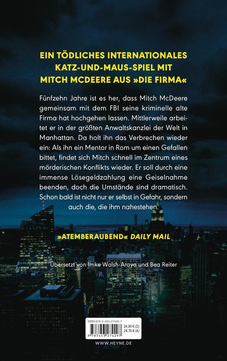 Buchcover von 'Grisham, J: Entführung'. Der Text auf dem Cover beschreibt die spannende Handlung des Thrillers von John Grisham. Der Hintergrund zeigt eine nächtliche Stadtlandschaft.