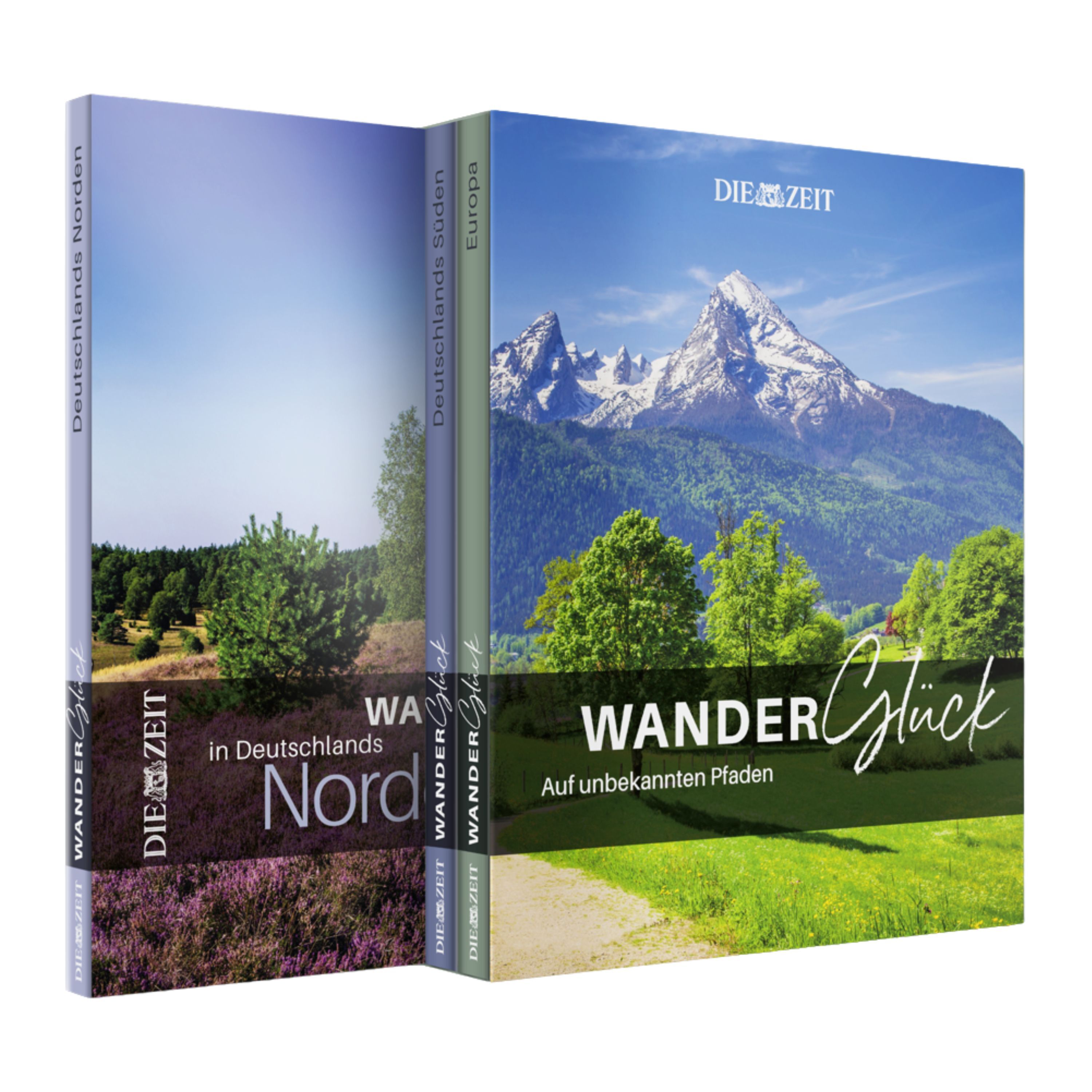 Das Bild zeigt die ZEIT-Edition »WanderGlück«, bestehend aus drei reich bebilderten Bänden im Schuber. Die Buchcover zeigen malerische Naturaufnahmen, etwa Berge, Wiesen und Wege. Die Titelschrift ist modern; die Bände präsentieren Wanderungen durch Deutschland und Europa.