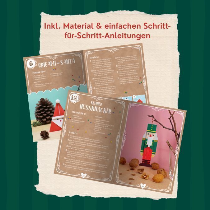 Das Bild zeigt Bastelanleitungen aus dem Bastel-Adventskalender von TOPP/frechverlag. Zu sehen sind Schritt-für-Schritt-Anleitungen und Bastelbeispiele wie ein Origami-Santa und ein kleiner Nussknacker vor farbenfrohem Hintergrund. Ein Text erklärt, dass Material und Anleitungen enthalten sind.