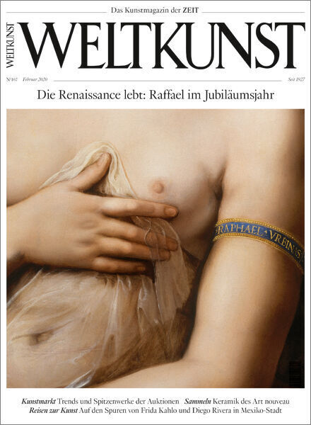 Cover des Kunstmagazins 'WELTKUNST 167/20' mit dem Titel 'Die Renaissance lebt: Raffael im Jubiläumsjahr'. Das Bild zeigt ein nacktes Schulterteil mit einem blauen und goldenen Band, das eine Inschrift trägt. Der Hintergrund ist in beige und goldenen Tönen gehalten.