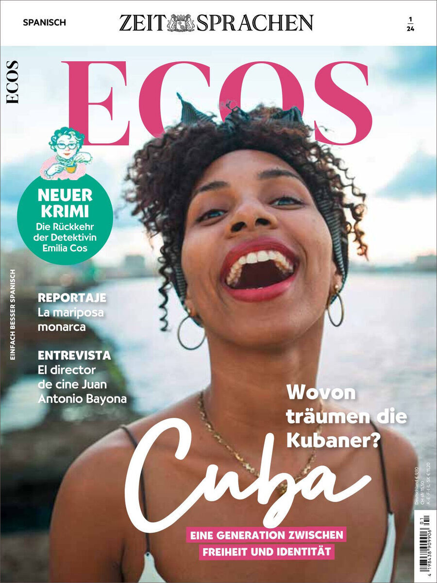 Cover des Ecos Magazins Ausgabe 01/2024. Eine lächelnde Frau mit einem Haarband auf Kuba inspiriert das Thema. Im Hintergrund ein blauer Himmel. Artikel über Krimis, Reportagen und Interviews sind angekündigt. Der Titel lautet 'Wovon träumen die Kubaner?'.
