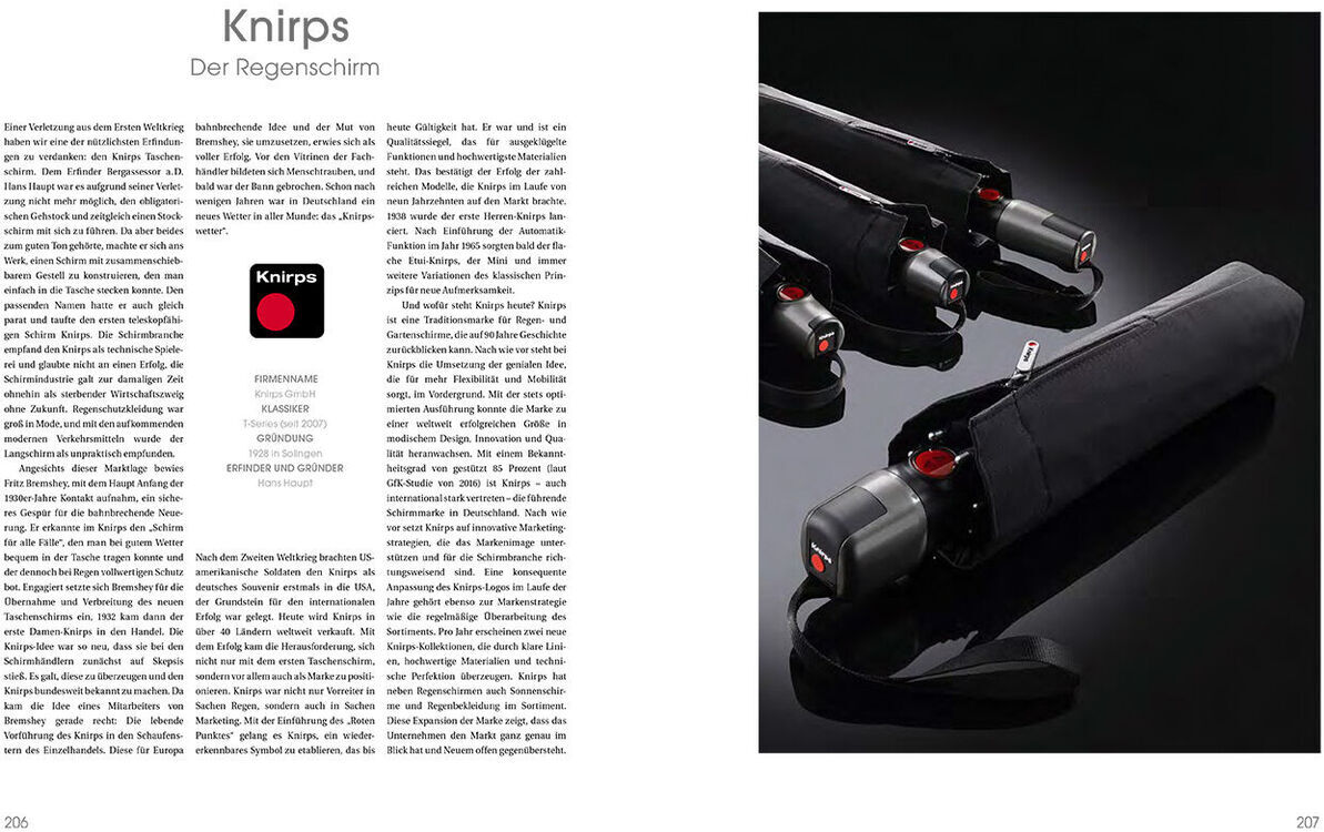 Zweiseitiger Buchauszug mit Text auf der linken Seite und Abbildung von Knirps-Regenschirmen auf der rechten Seite. Das Buch trägt den Titel 'Deutsche Standards – Marken des Jahrhunderts 2019'.