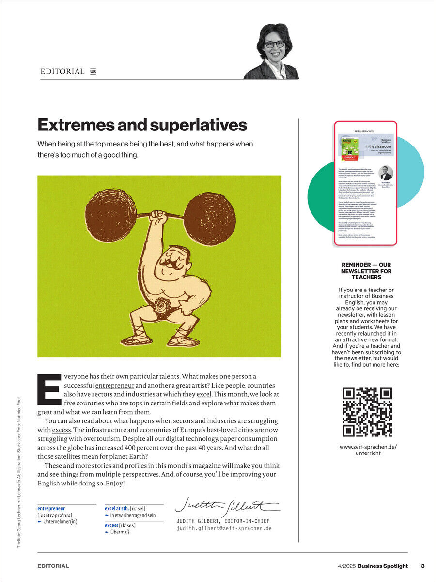 Titelseite des Business Spotlight Magazins 4/2025. Enthält eine Illustration eines Mannes, der Gewichte stemmt, sowie redaktionelle Inhalte mit Texten auf Englisch. Das Layout umfasst QR-Codes und spielt mit den Farben Grün, Weiß, Schwarz und Rot. Geeignet für berufliches Lernen und Entwicklungen im Wirtschaftsbereich.