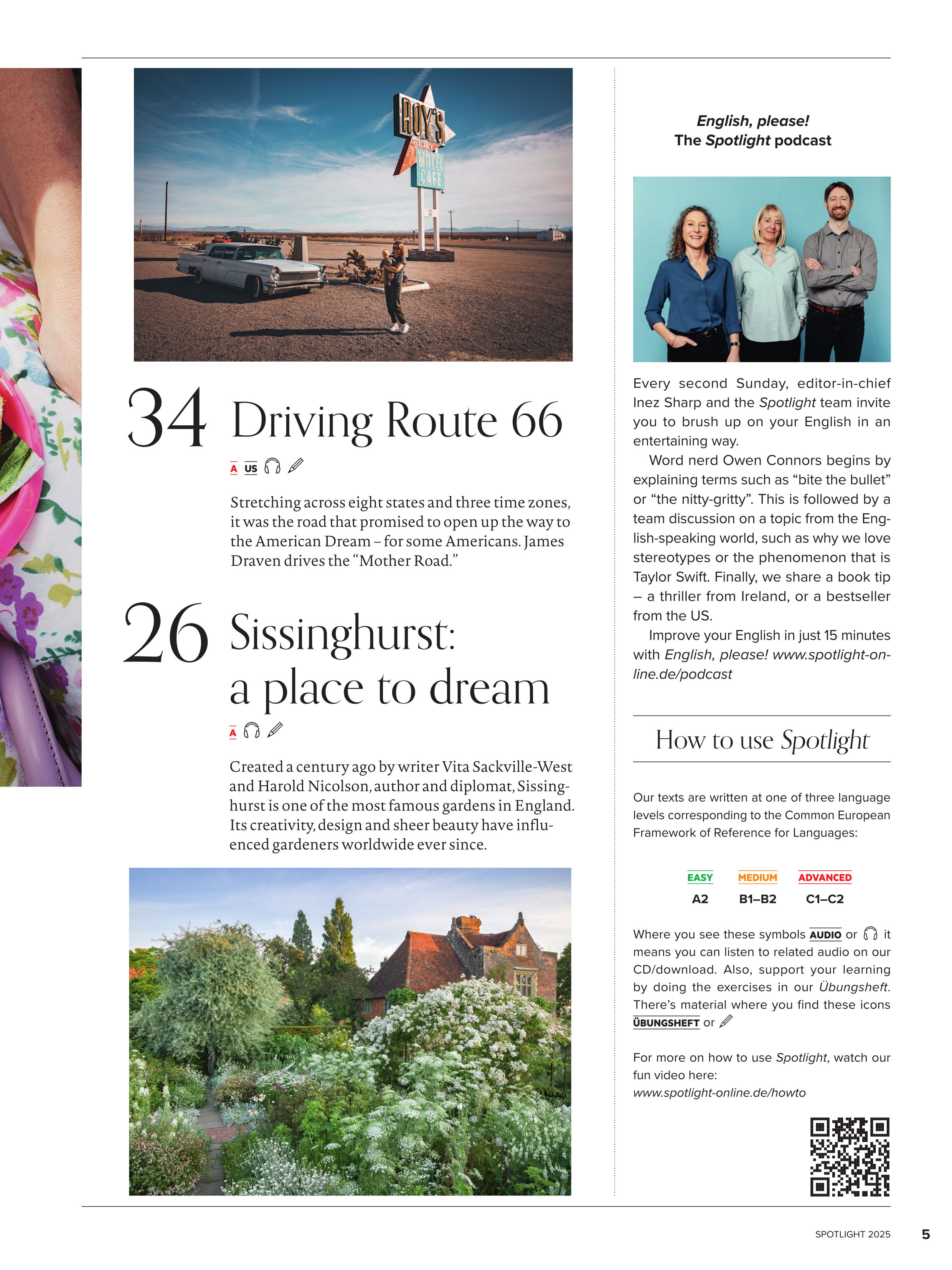 Titelseite der Spotlight Magazin-Ausgabe 10/2025 mit einem Bild einer staubigen Route 66 in den USA, einem englischen Garten bei Sissinghurst und Informationen zu Artikeln rund um Reisen, englischsprachige Kultur und Lernmöglichkeiten, begleitet von einem Hinweis auf einen Podcast und Tipps für Sprachinteressierte.