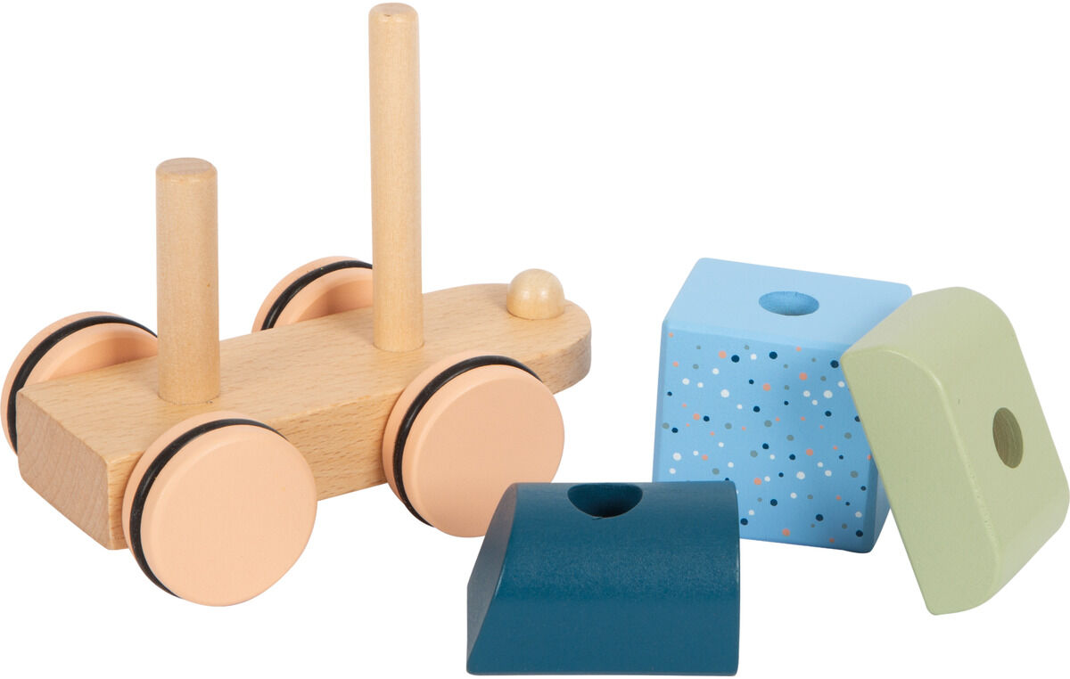 Ein Holzzug namens »Arctic« mit einem minimalistischen Design. Er besteht aus einem Wagen mit vier Holzrädern und aufsteckbaren Bausteinen in Blau, Grün und natürlichen Holztönen.