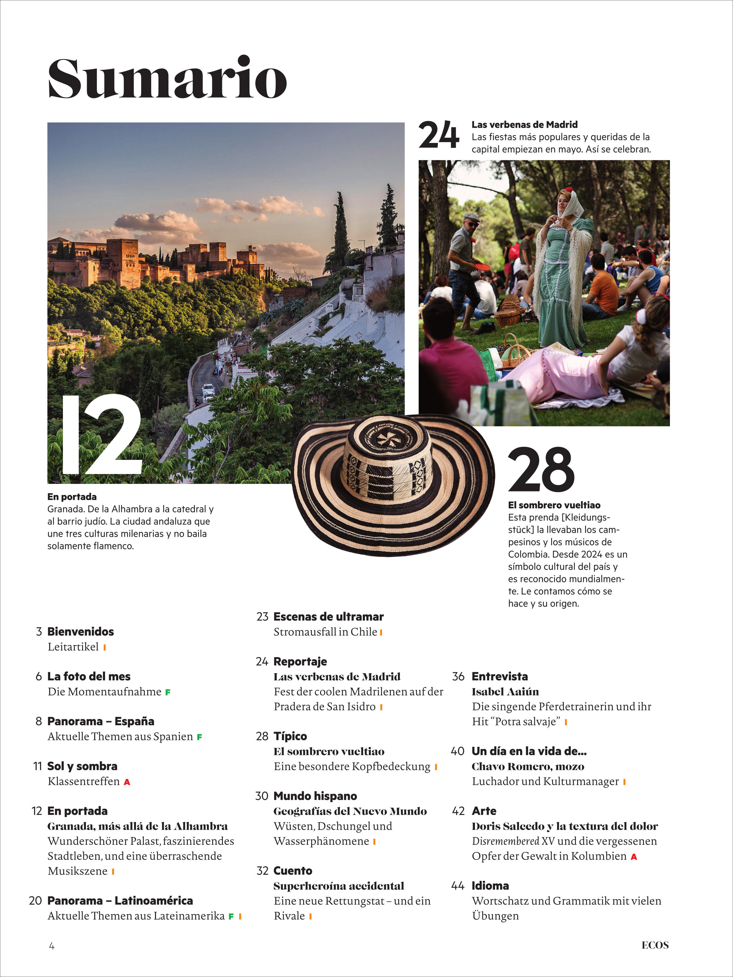 Das Bild zeigt das Cover und Inhaltsverzeichnis des Ecos Magazins Ausgabe 6/2025. Es zeigt ein Bild der Alhambra und Menschen bei einem Festival in Madrid. Themen wie Spanien, Kultur und Abenteuer werden hervorgehoben.