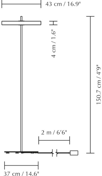 Technische Zeichnung der Stehleuchte »Asteria Floor« mit Abmessungen. Die Lampe misst 150,7 cm in der Höhe, die Basis hat einen Durchmesser von 37 cm und die Schirmbreite beträgt 43 cm. Es ist auch eine Schnurlänge von 2 m angegeben.