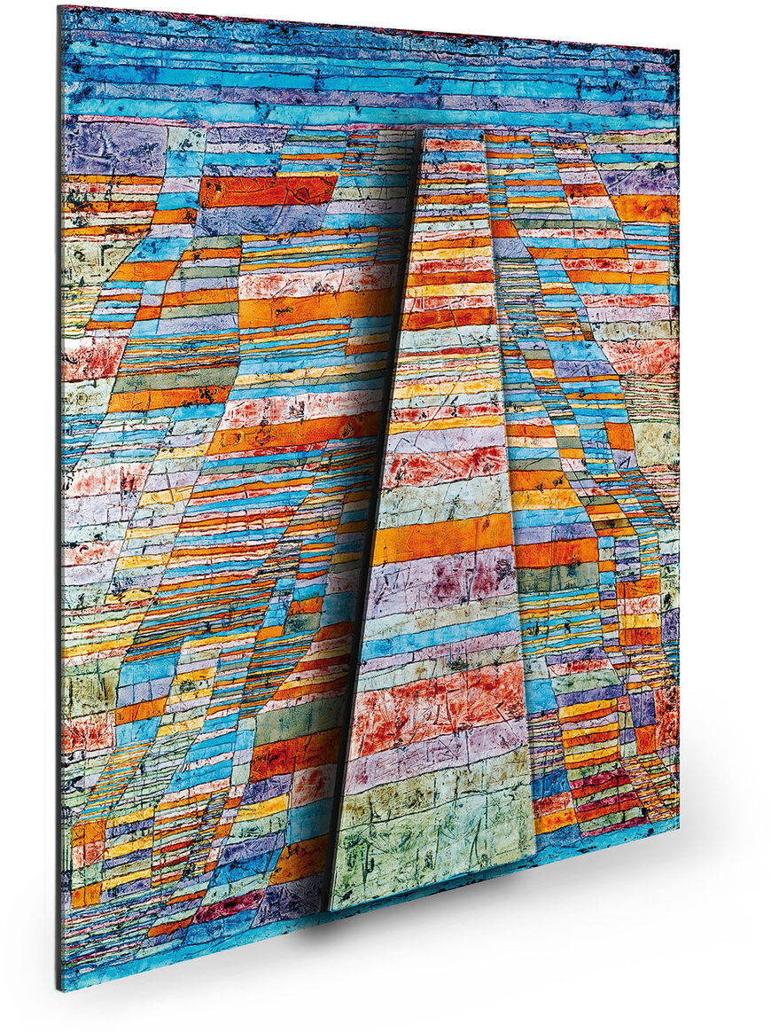 Ein abstraktes Gemälde von Paul Klee aus dem Jahr 1929 mit dem Titel »Haupt- und Nebenwege«. Das Bild zeigt eine Mischung aus geometrischen Formen und lebendigen Farben wie Blau, Orange, Gelb, Rot und Grün, die in Schichten aufgebaut sind und eine dreidimensionale Wirkung erzeugen.