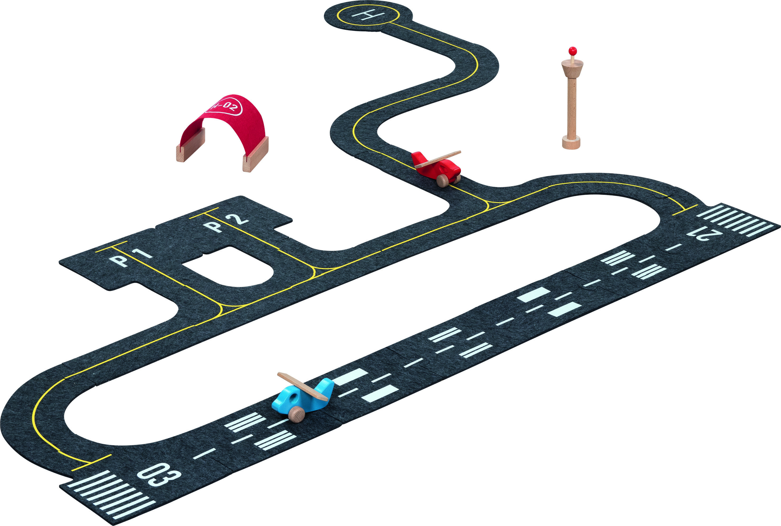 Abgebildet ist ein Spielset aus Holz mit Flughafen-Thema von gokiAir. Zu sehen sind eine schwarze Start- und Landebahn mit gelben Markierungen, zwei farbige Holzflugzeuge (blau und rot), ein Kontrollturm, ein weiß-rotes Flughafengebäude und mehrere Parkflächen. Das Set eignet sich für fantasievolle Rollenspiele von Kindern.