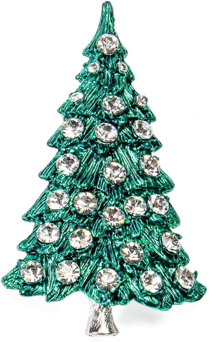 Foto einer festlichen Weihnachtsbrosche in Form eines Tannenbaums, gestaltet in glänzendem Grün mit silberfarbenen, glitzernden Schmucksteinen als Dekoration. Die Brosche eignet sich als festliches Accessoire für die Weihnachtszeit.