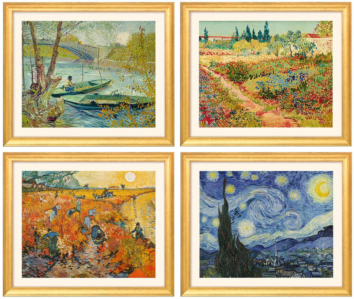 Set von vier Landschaftsbildern von Vincent van Gogh, die verschiedene Szenen der Natur zeigen. Die Bilder sind in beeindruckenden Farben gemalt und in hellen Rahmen präsentiert.