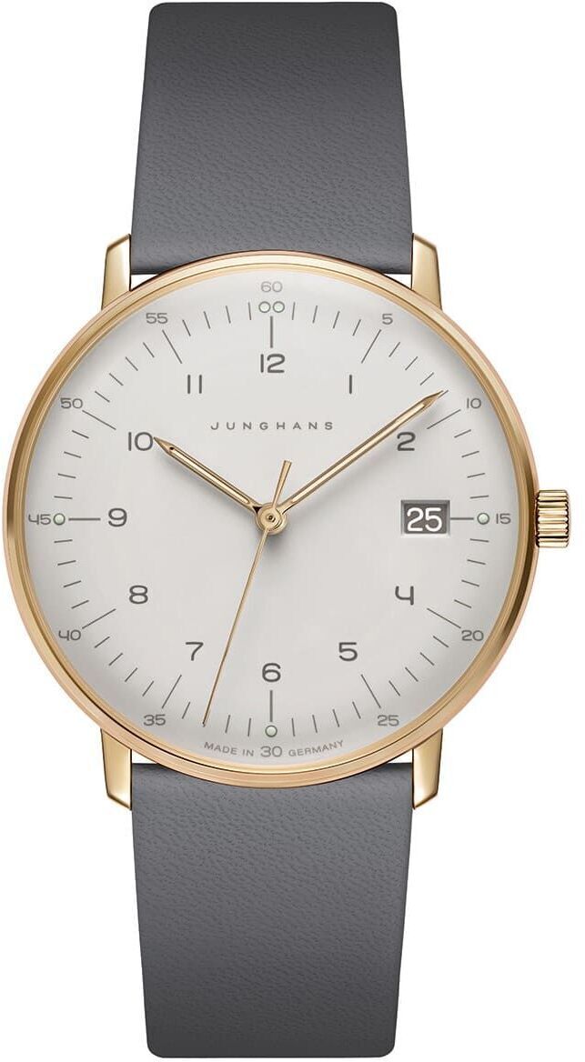 Elegante Damenarmbanduhr der ZEIT-Sonderedition »max bill Damen« von Junghans mit einem goldenen Gehäuse, grauem Lederarmband und einer schlichten weißen Zifferblatt.