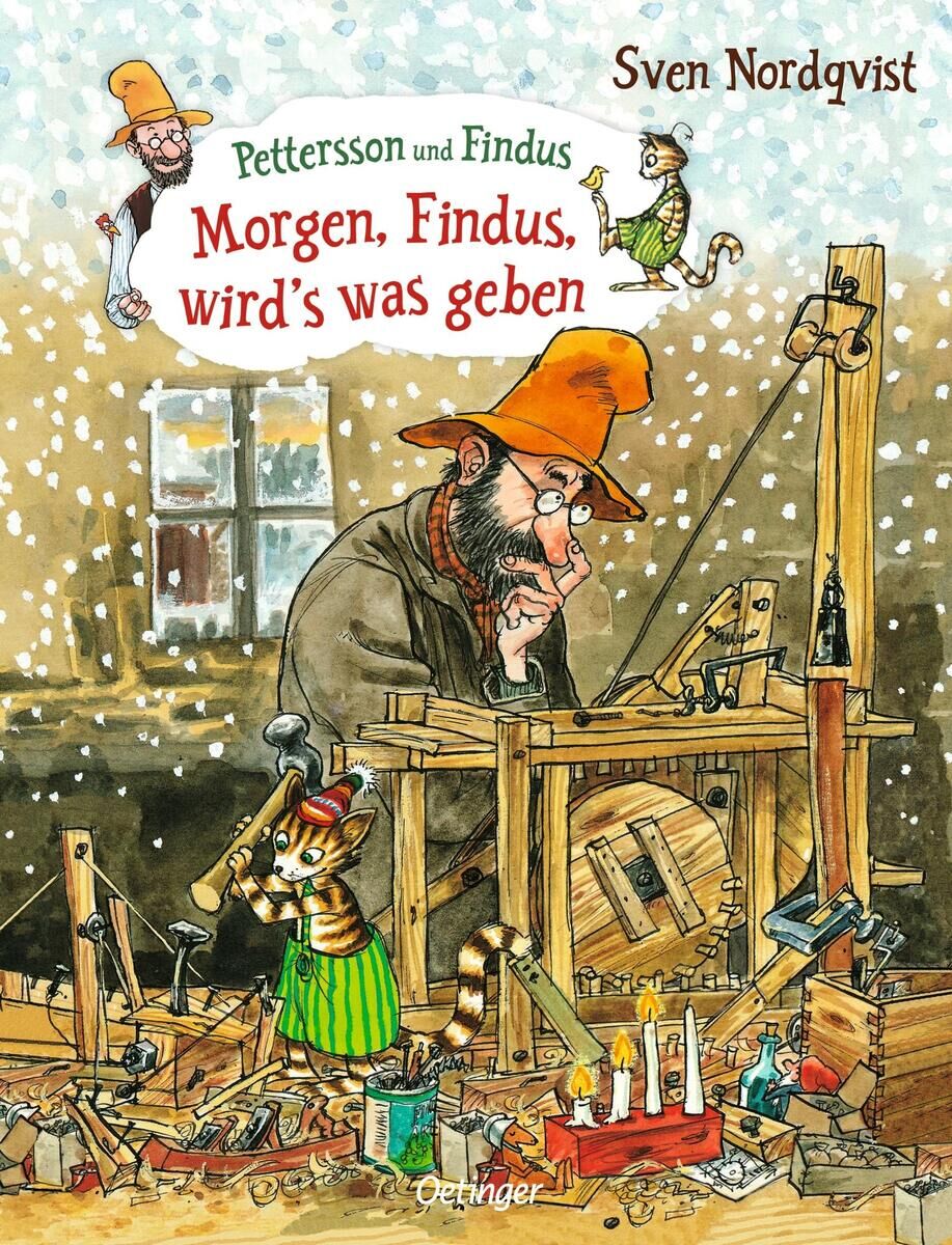 Das Cover des Buches 'Morgen, Findus, wird's was geben' zeigt Pettersson und seine Katze Findus in einer gemütlichen Holzwerkstatt. Pettersson trägt einen orangefarbenen Hut und arbeitet an einem Holzwagen, während Findus neugierig zusieht. Durch das Fenster fällt Schnee, was eine winterliche und weihnachtliche Atmosphäre schafft. Um die beiden herum liegen Werkzeuge und Holzstücke verstreut. Im Hintergrund ist ein weiteres Abenteuer zwischen Pettersson und Findus angedeutet.