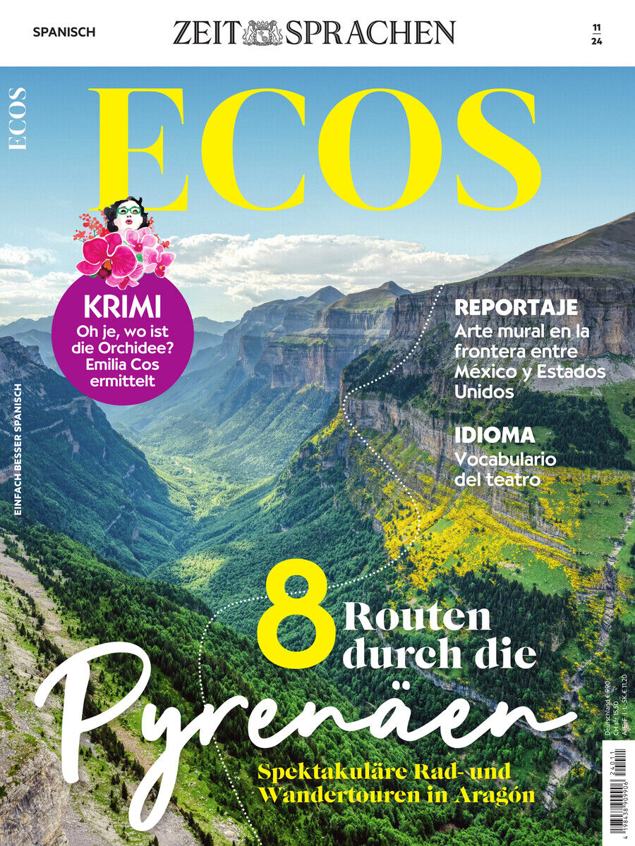 Titelblatt des Ecos Magazins 11/2024 mit dem Titel '8 Routen durch die Pyrenäen'. Das Cover zeigt eine beeindruckende Berglandschaft. Überschriften zu Themen wie Kriminalroman, Reportage und Vokabular ergänzen das Bild.