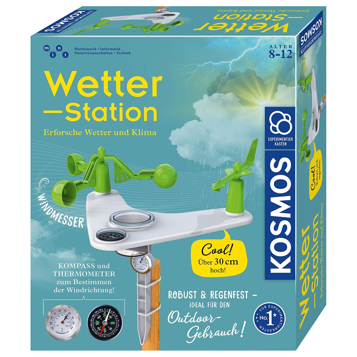 Verpackung einer Wetterstation für Kinder ab 8 Jahren mit Experimentiermaterialien wie Windmesser, Thermometer und Kompass. Die Verpackung ist überwiegend blau und gelb gestaltet, zeigt das Produkt sowie Hinweise auf Lern- und Outdoor-Nutzung und trägt das Kosmos-Logo.