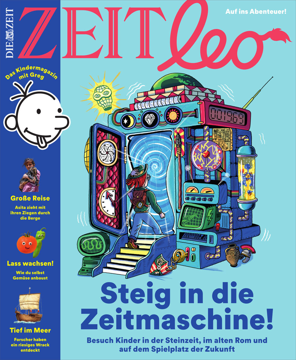 Titelbild der Kinderzeitschrift ZEIT LEO 1/26 mit farbenfrohem Layout: zentrale Zeichnung einer Zeitmaschine, umgeben von bunten Illustrationen wie Raketen, Tieren, Süßigkeiten, Comic-Elementen und neugierigen Kindern. Großflächige, verspielte Typografie auf hellem Hintergrund.