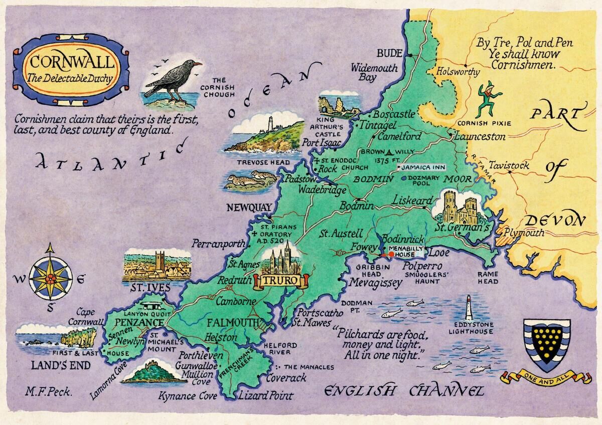 Eine detailreiche, illustrierte Karte von Cornwall im Vintage-Stil, die Orte und Sehenswürdigkeiten darstellt. Eine Krähe und das Wappen von Cornwall sind prominent zu sehen.