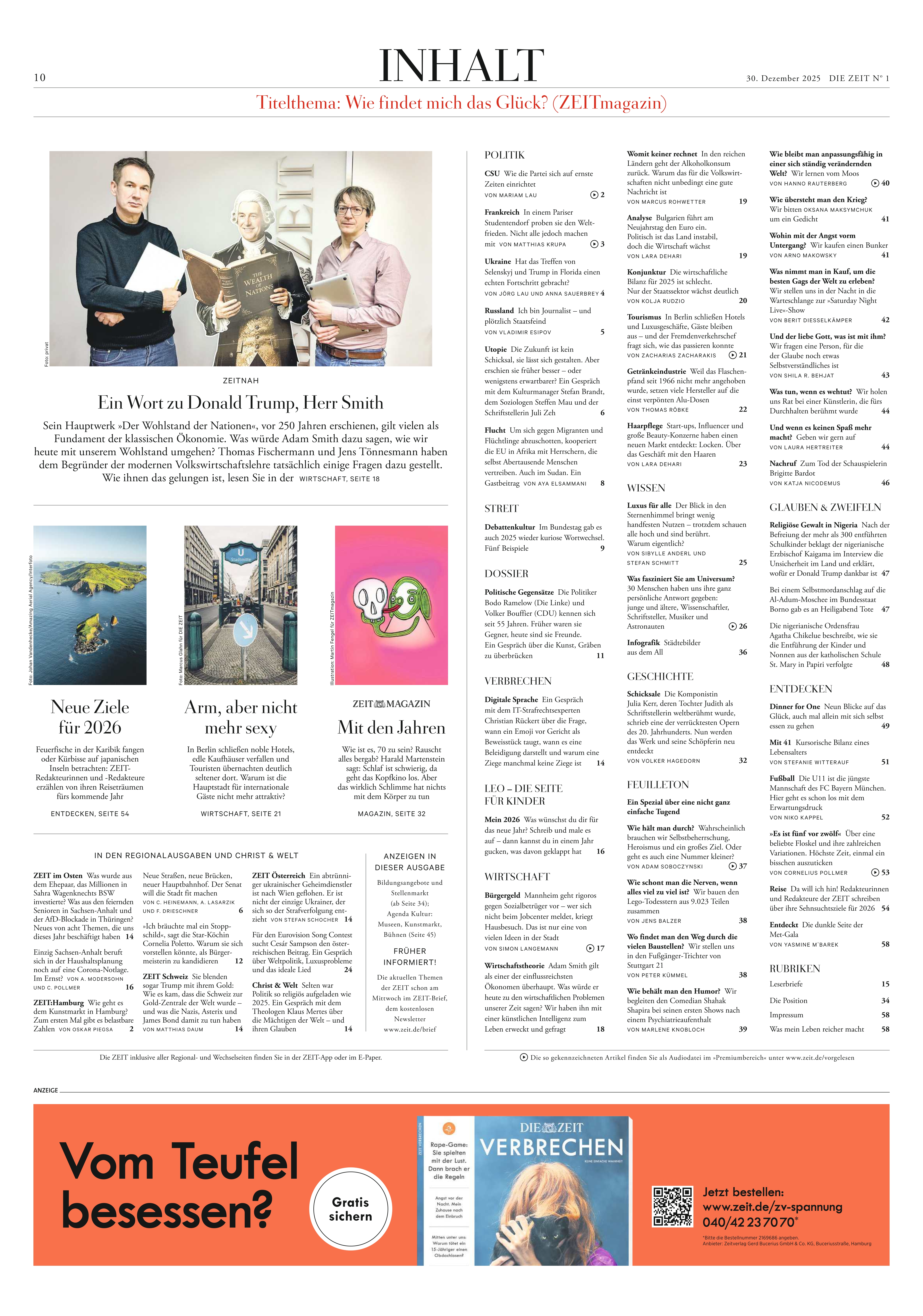 Titelseite einer Wochenzeitung mit klar strukturiertem Inhaltsverzeichnis. Oben ist ein Gruppenfoto von vier Erwachsenen vor hellgrauem Hintergrund, darunter kompakte Vorschautexte und Inhaltsangaben in mehreren Spalten. Unten Werbebanner in Orange und Beige mit Buchcovern und Texten.